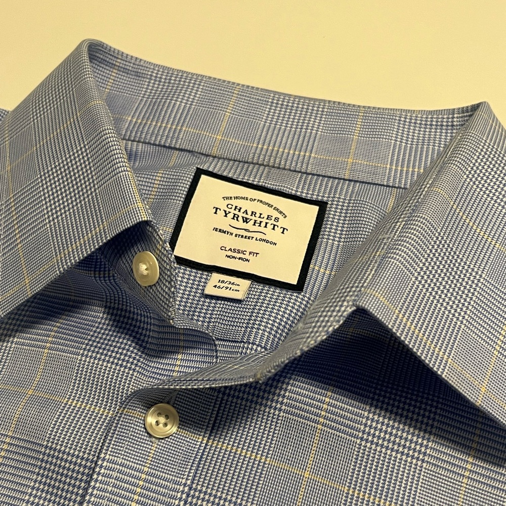 Charles Tyrwhitt Men's Dress Shirt Blue/Yellow Grid, Button Down, 18/36